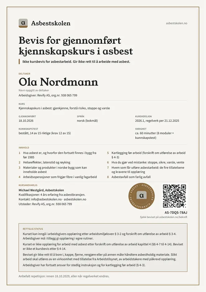 Bevis for gjennomført kjennskapskurs i asbest fra Asbestskolen, med deltakerens navn, dato, innhold, kursansvarlig, QR-kode og en ramme om rettslig status.