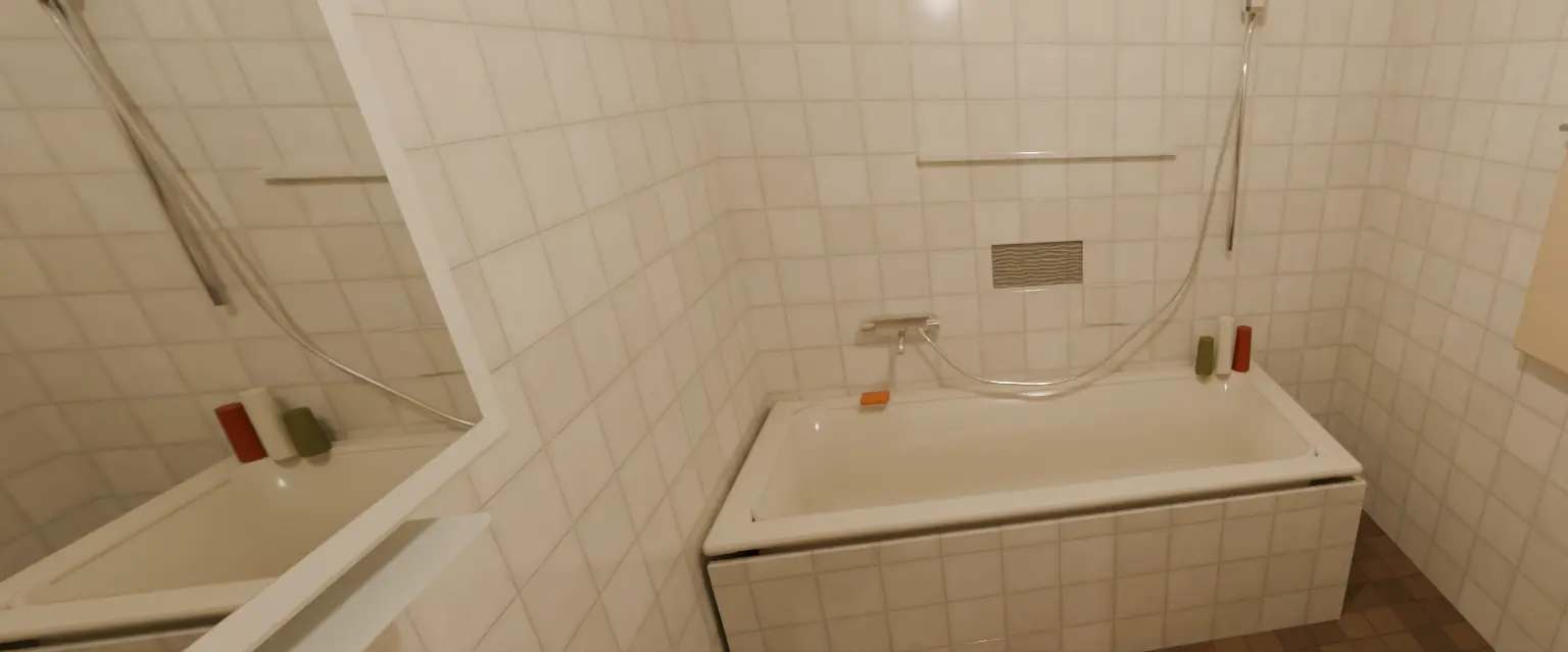 Illustrasjon av et bad med hvite fliser på vegger og badekar.
