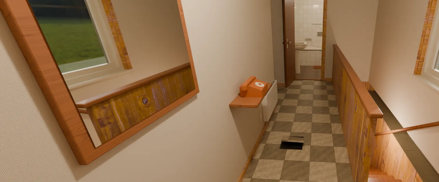 Illustrasjon av en gang med rutete vinylfliser i brunt og beige, der én flis mangler.