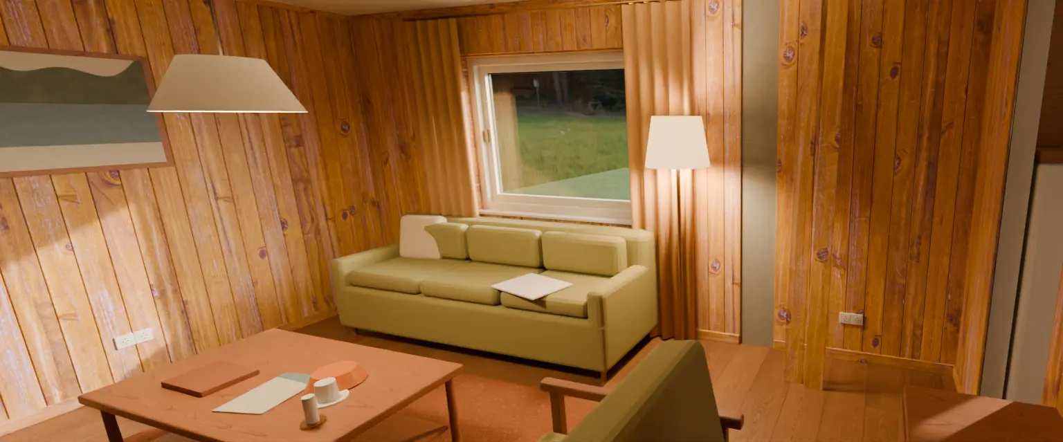 Illustrasjon av en stue med furupanel på veggene, sofa og stikkontakter i panelveggen.