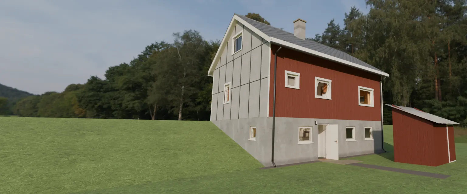 Illustrasjon av et rødt hus med grå skifer på taket, grå plater på gavlveggen og en bod med bølgeplater på taket.