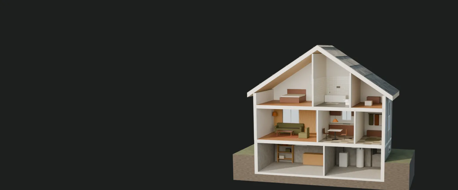 Illustrasjon av et oppskåret norsk enebolig med loft, to etasjer og kjeller.
