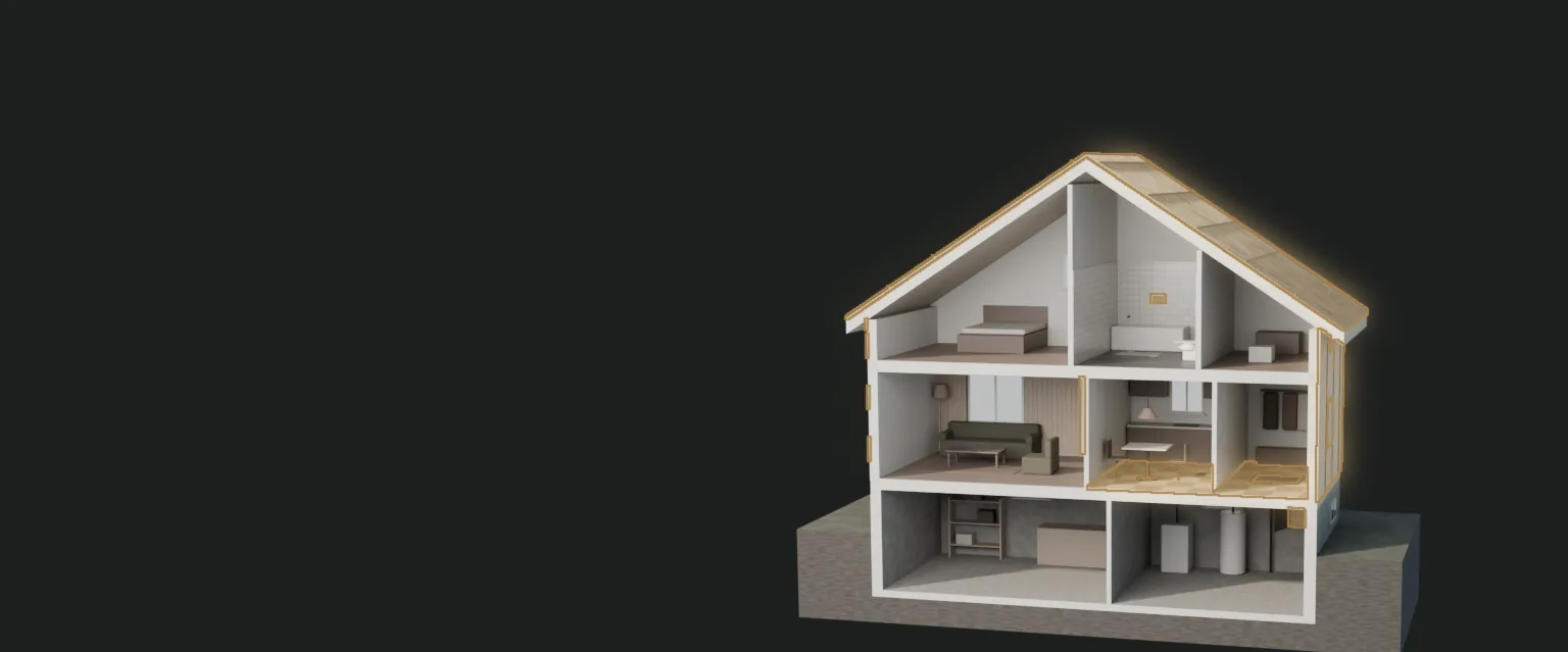 Illustrasjon av et oppskåret hus fra 1970-tallet der tak, yttervegg, gulv, bad og rør i kjelleren er markert.